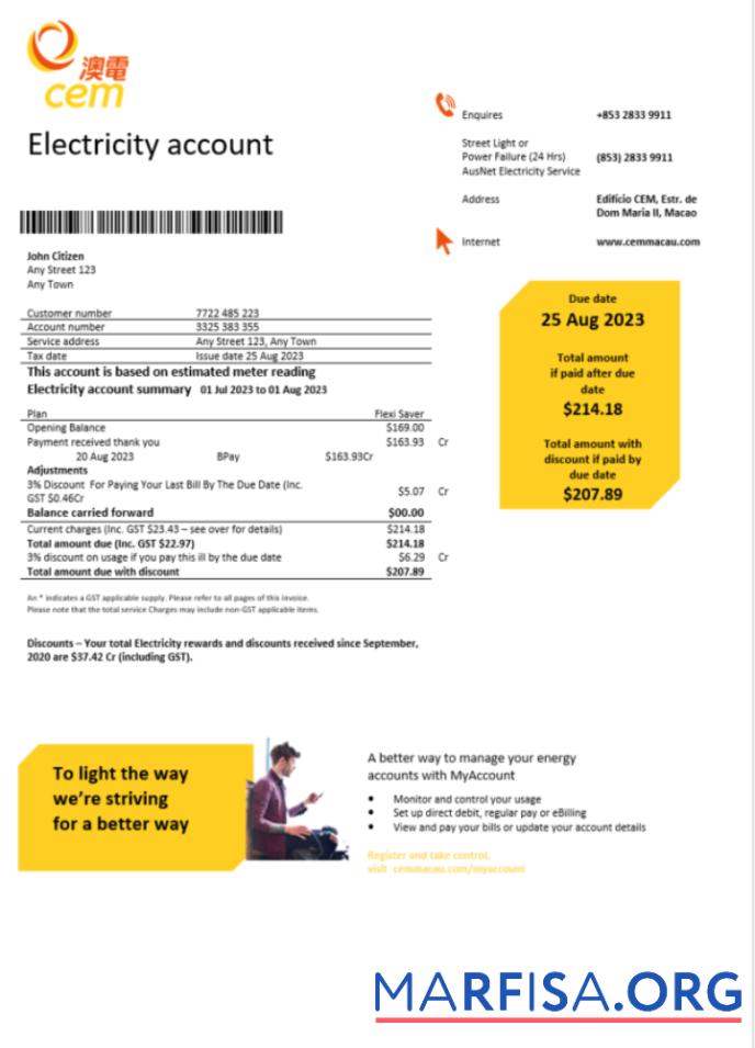 Downloadable Macau CEM electricity bill Word and PDF template